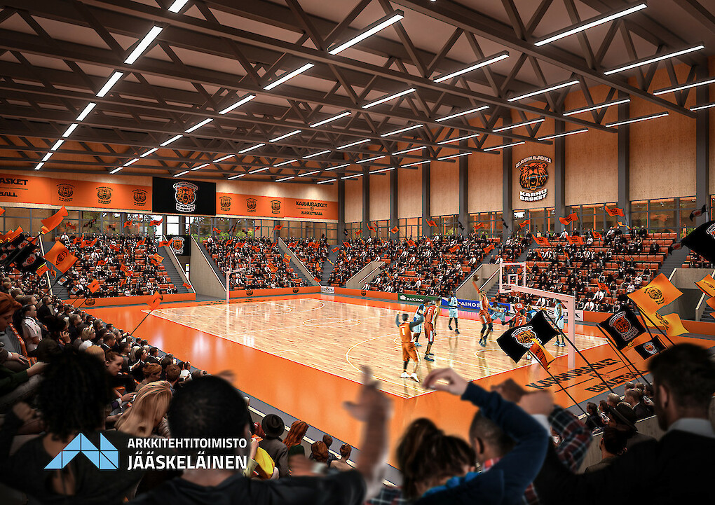 Havainnekuva uudesta, syksyllä 2022 valmistuvasta areenasta. Kuva: Karhu Basket