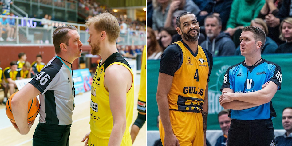 Keskusteluja Korisliiga-kentillä. Vasemmalla nenätysten BC Nokian Niko Mattilan kanssa kevään 2024 finaaleissa (Kuva: Jani Virolainen) ja oikealla ajatustenvaihtossa Seagullsin René Rougeau (Kuva: Samira Lee).